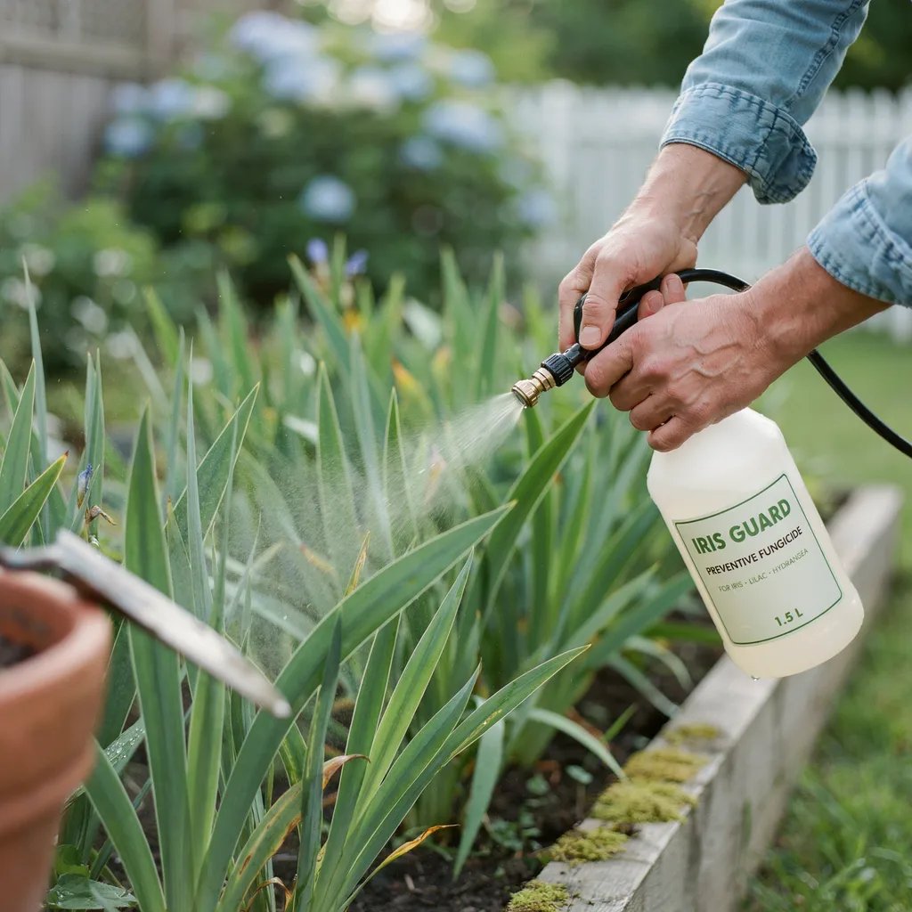 A gardener spraying preventive fungicide on iris foliage early in the growing season