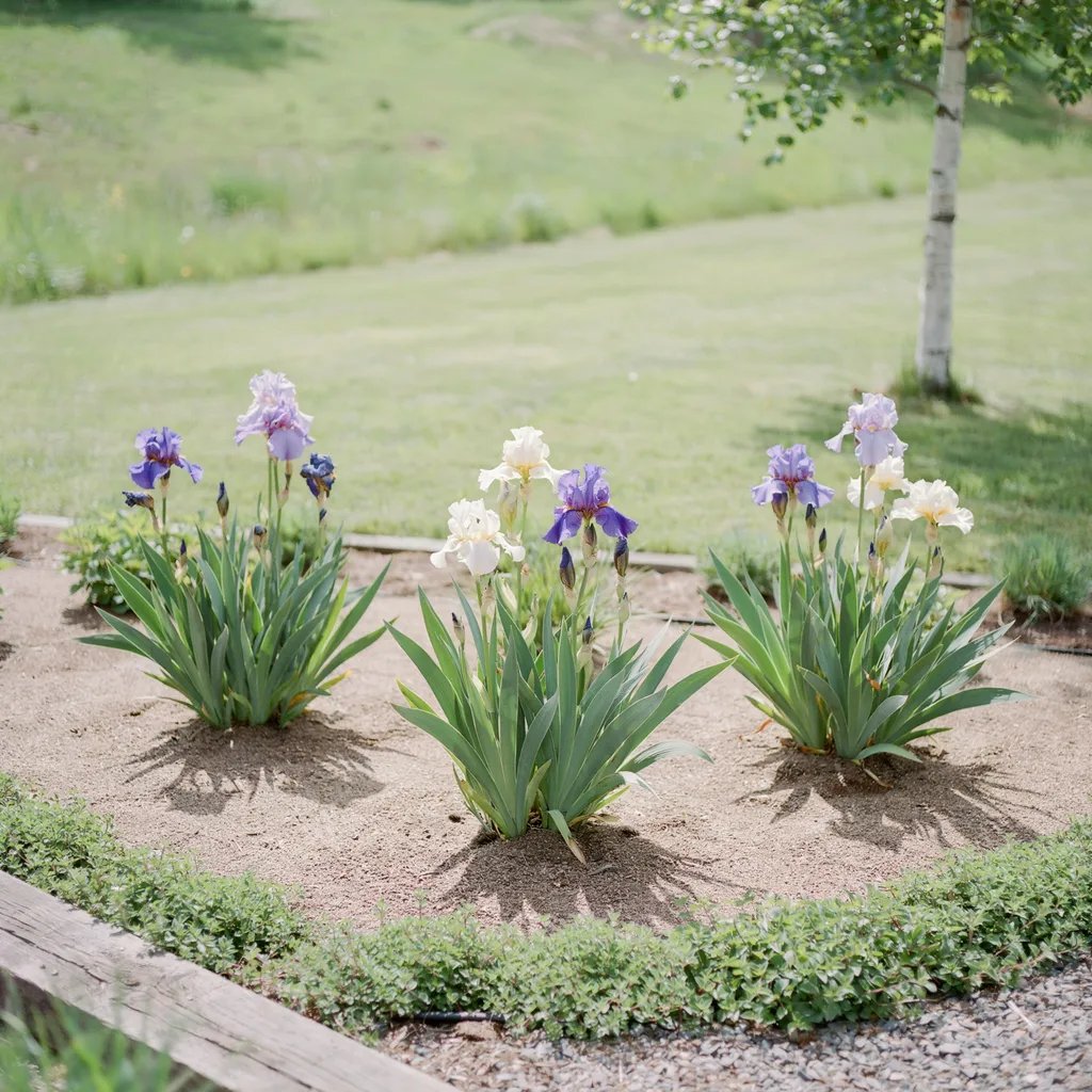 Well-spaced iris plants in a garden bed with good airflow between them
