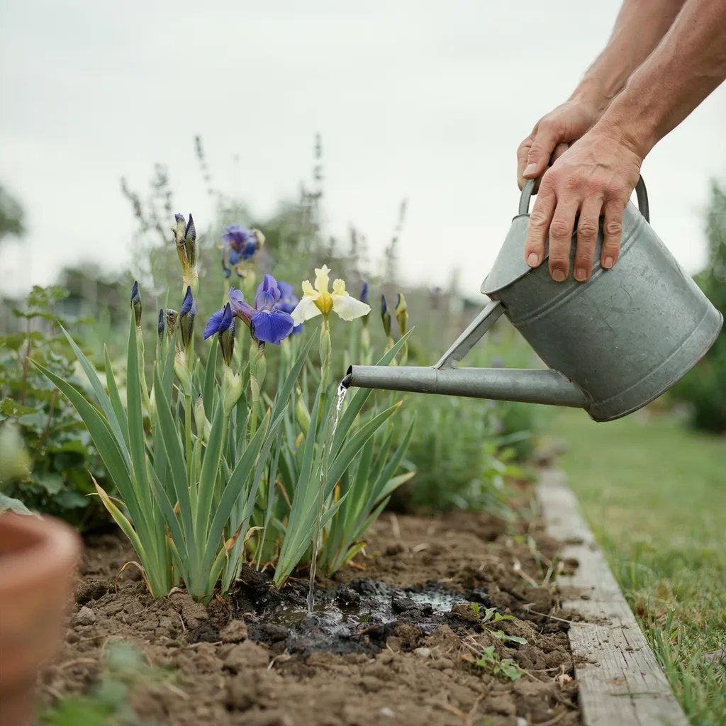 A hand watering iris plants directly at the soil base, avoiding wetting the foliage