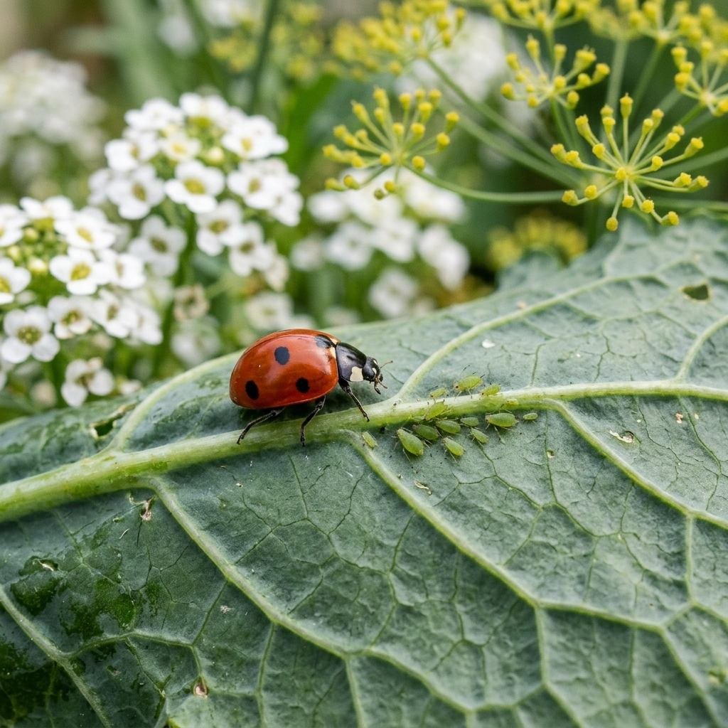 A ladybird beetle on a leaf, a beneficial predator of aphids in organic gardens