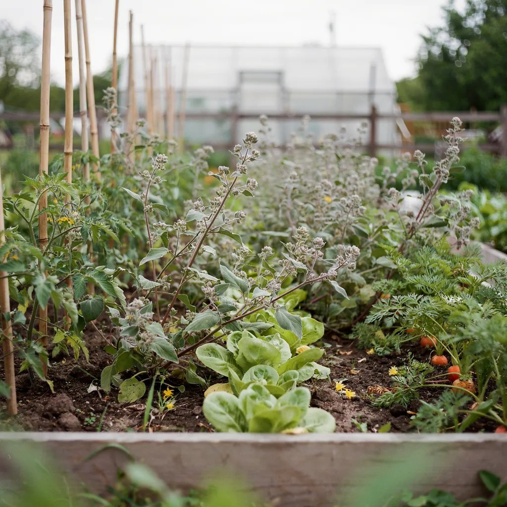 Lambs quarters growing densely among vegetable garden rows