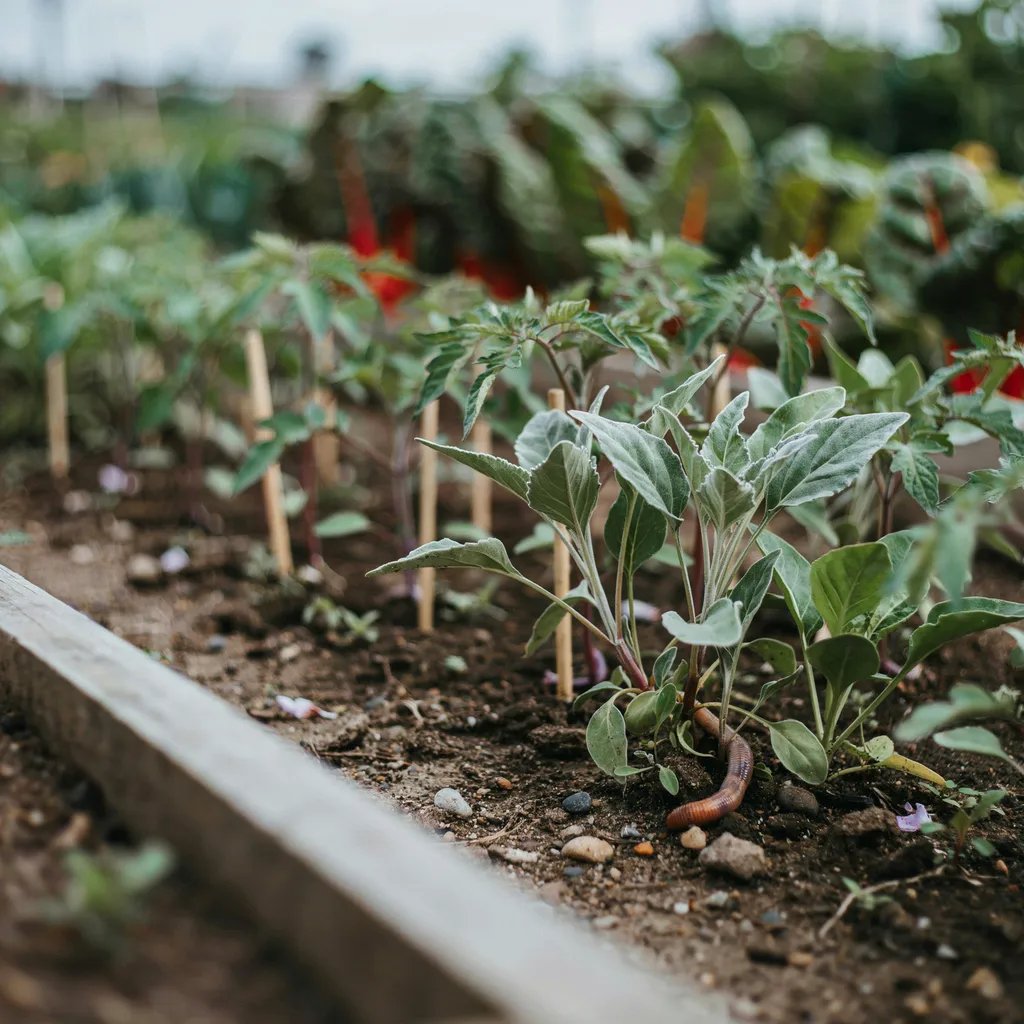 Close-up of lambs quarters leaves growing among vegetable garden rows