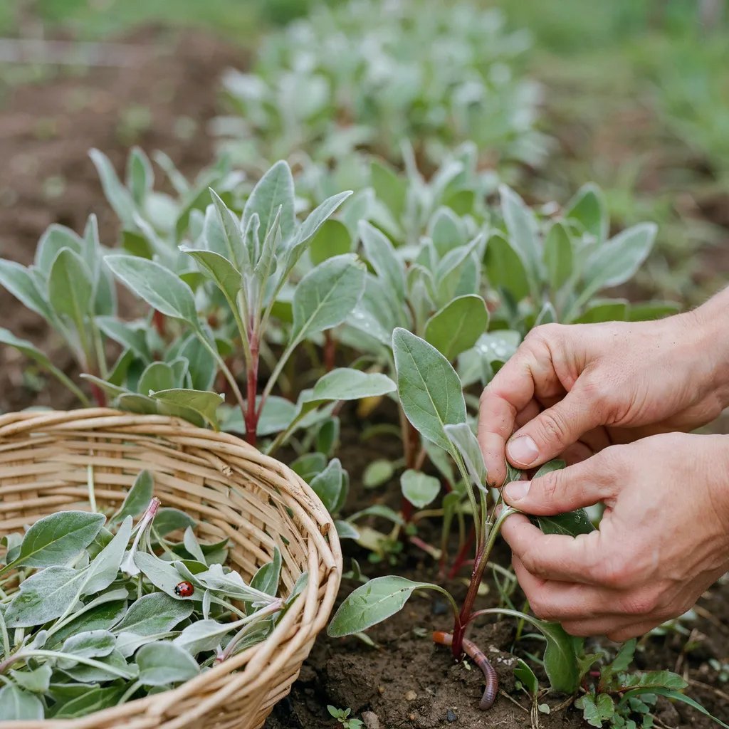 Hands harvesting young lambs quarters shoot tips