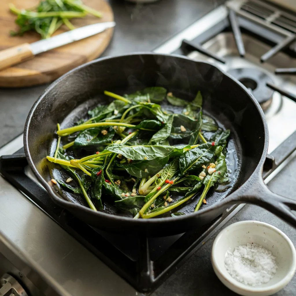 Sauteed lambs quarters greens cooking in a pan