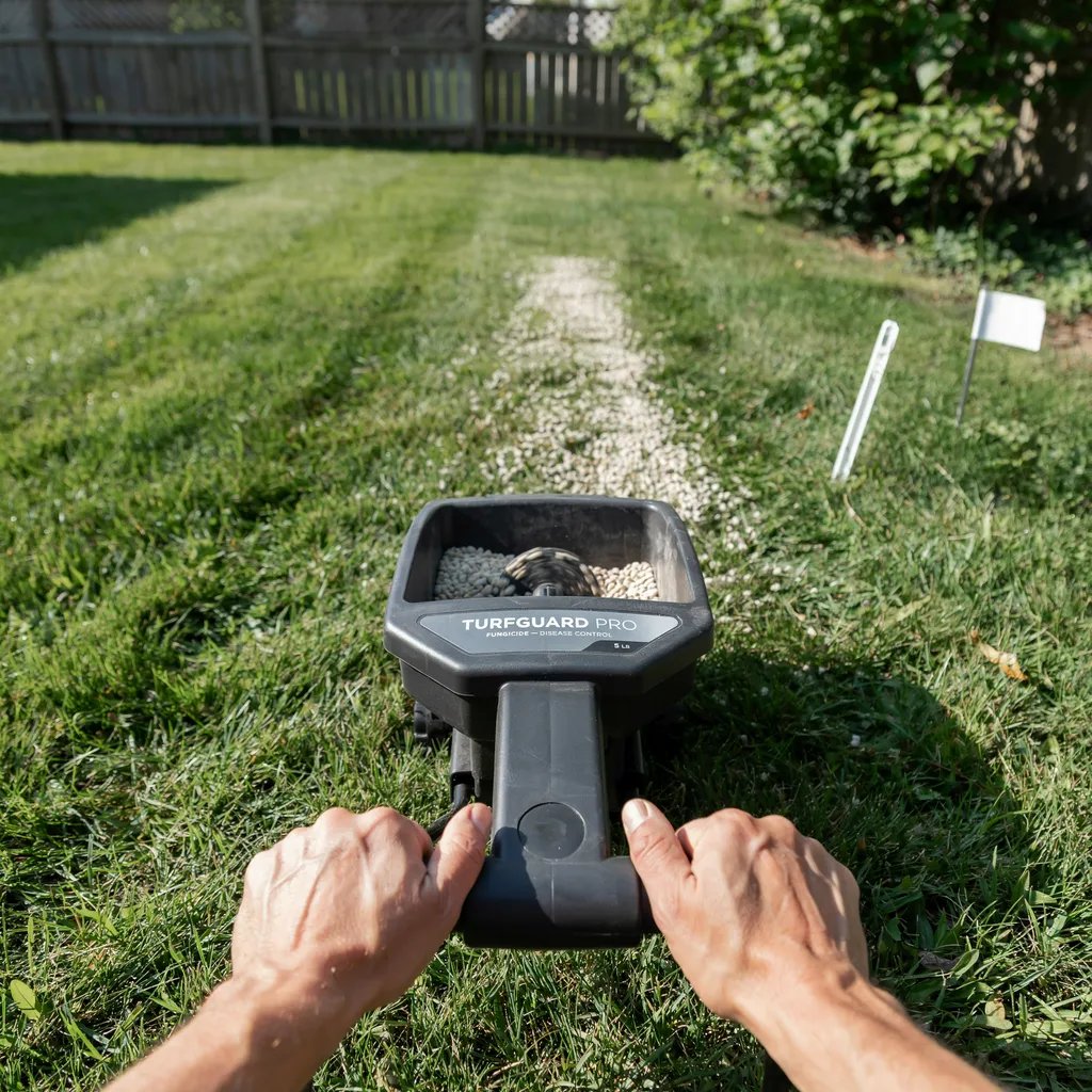 Hands applying granular fungicide treatment to a lawn with a spreader