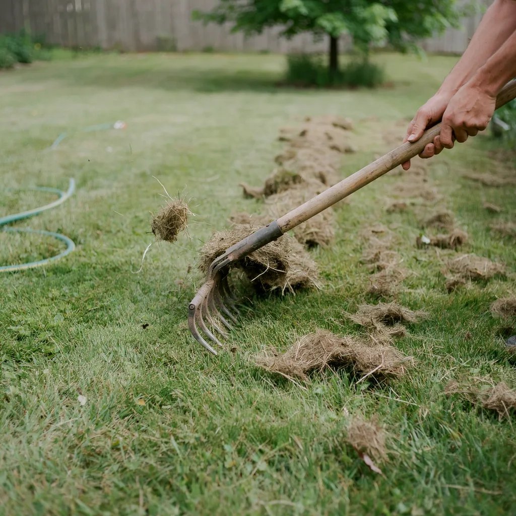 A dethatching rake pulling thatch out of a lawn