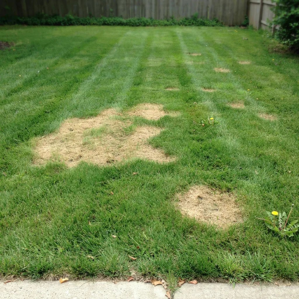 A lawn with irregular blotchy brown patches of dying grass