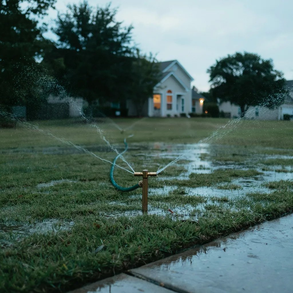 A sprinkler watering a lawn in the evening, illustrating an overwatering risk