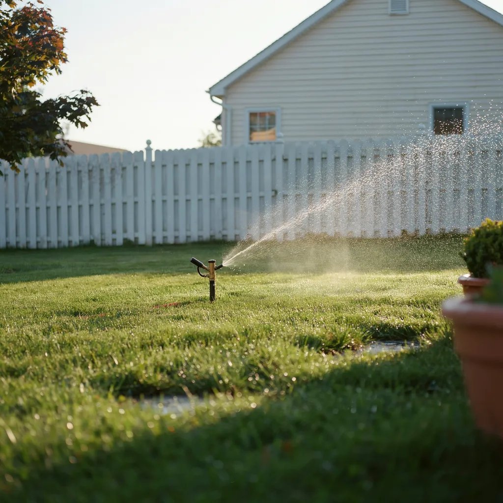 A sprinkler watering a lawn in early morning sunlight