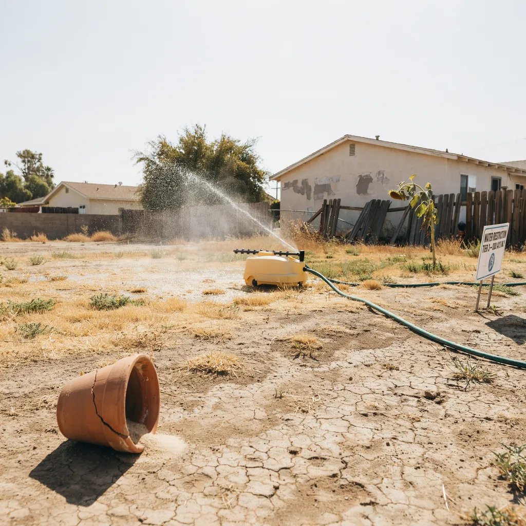 A sprinkler running on a lawn in a dry landscape