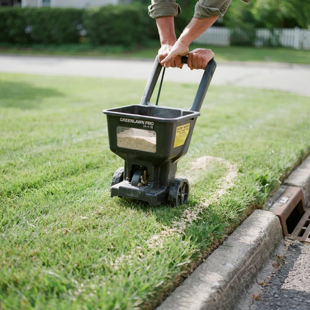 Fertilizer application near a storm drain illustrating chemical runoff risk