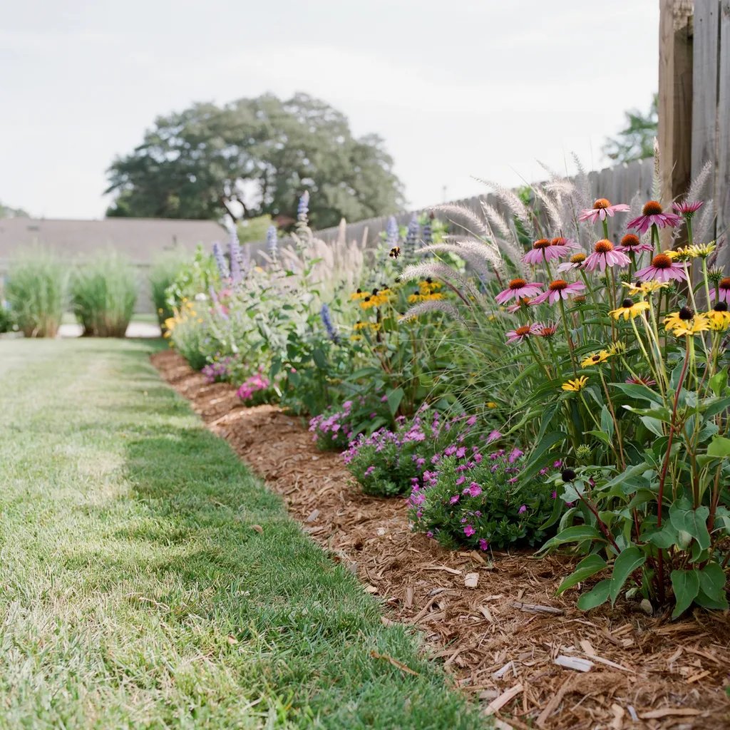 A yard transitioning from traditional lawn to native plantings