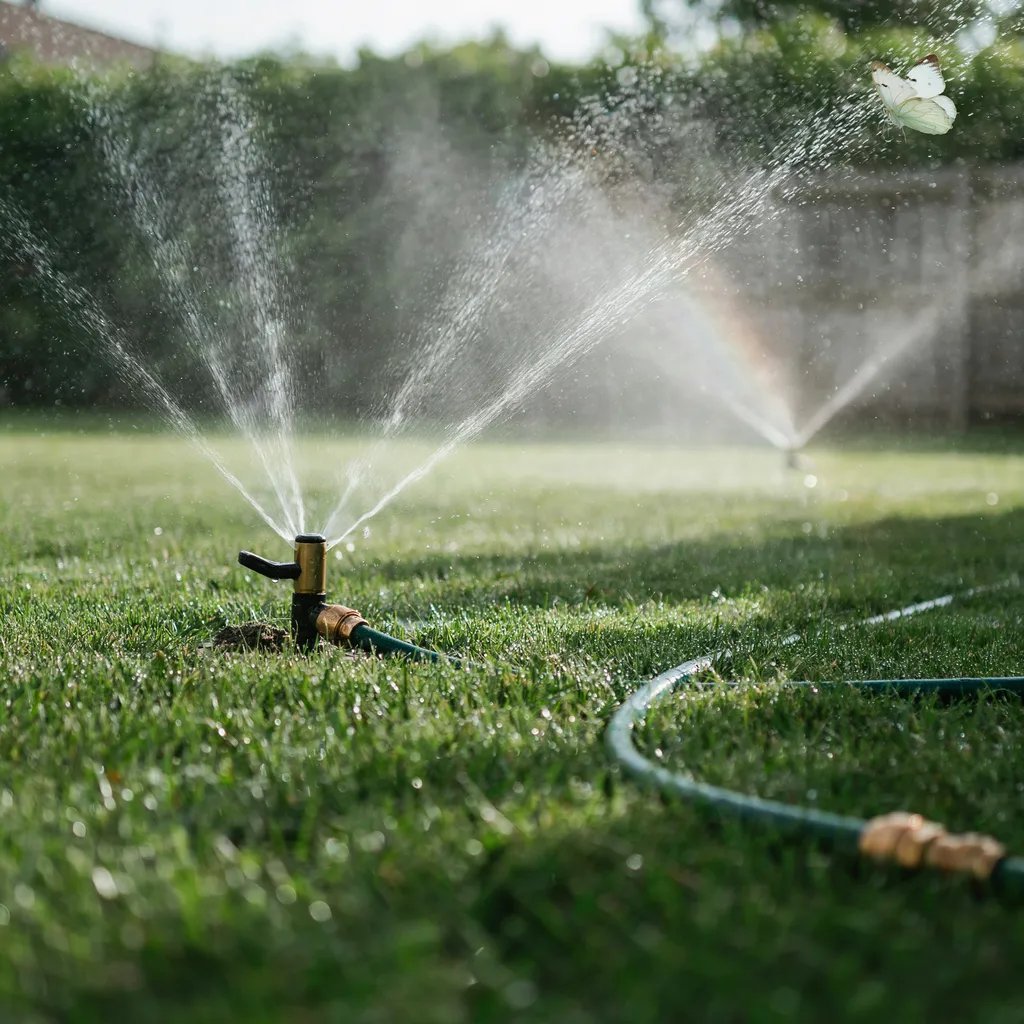 A lush lawn being watered by a sprinkler system showing irrigation intensity