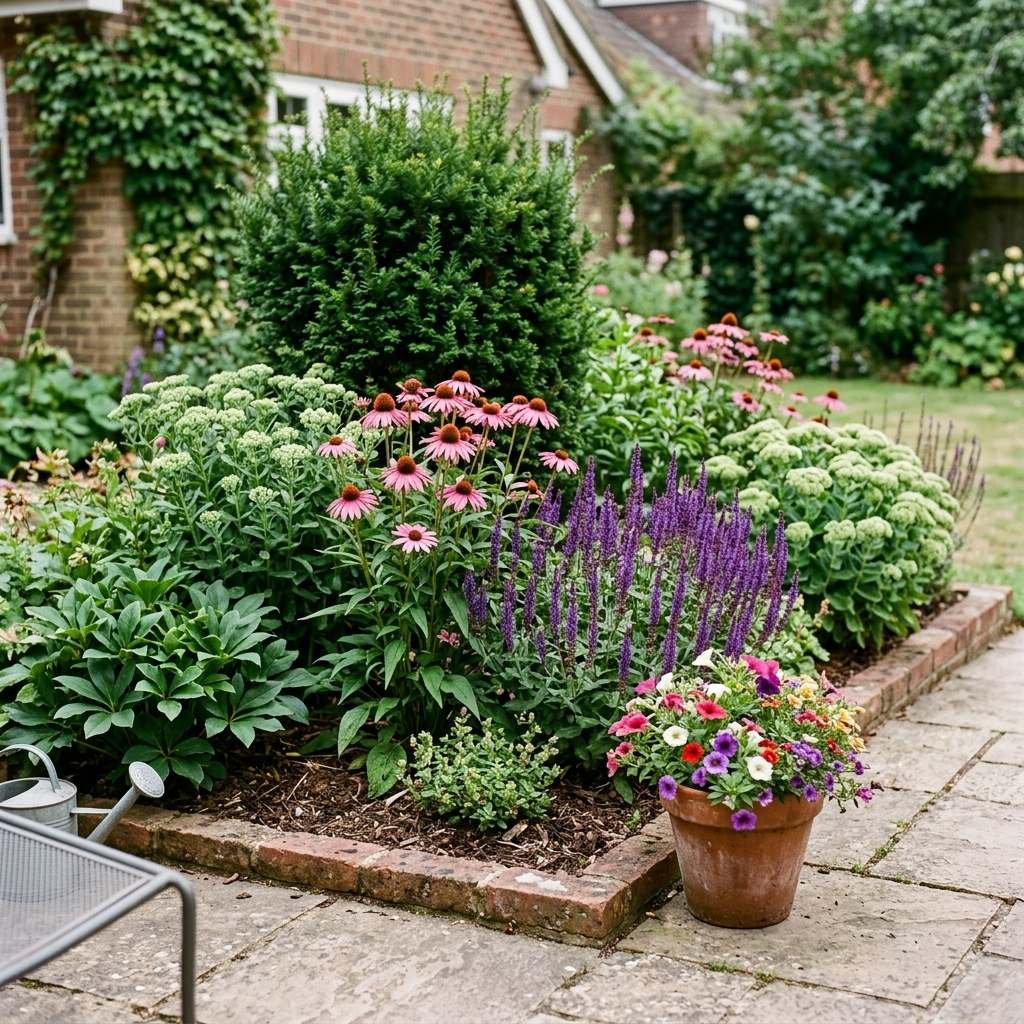 An elevated garden bed layered to fit year-round seasonal interest into a small space