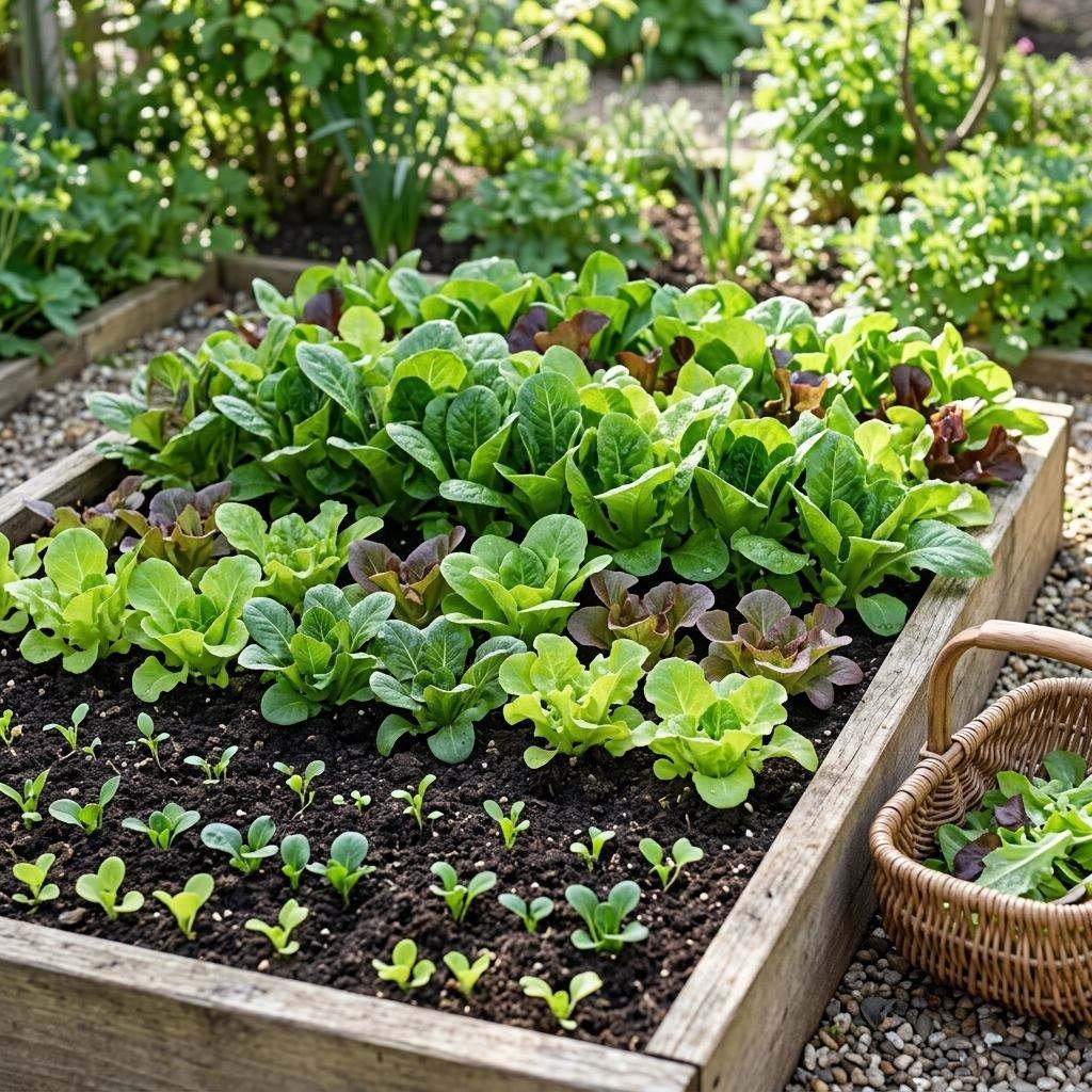 Loose-leaf lettuce and mesclun mix growing in a raised garden bed