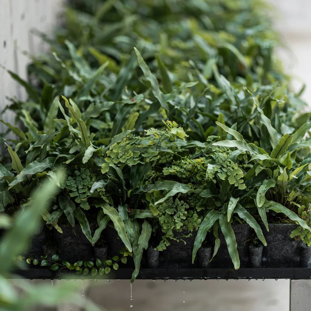 Moisture-loving ferns planted in the bottom row of a living wall panel