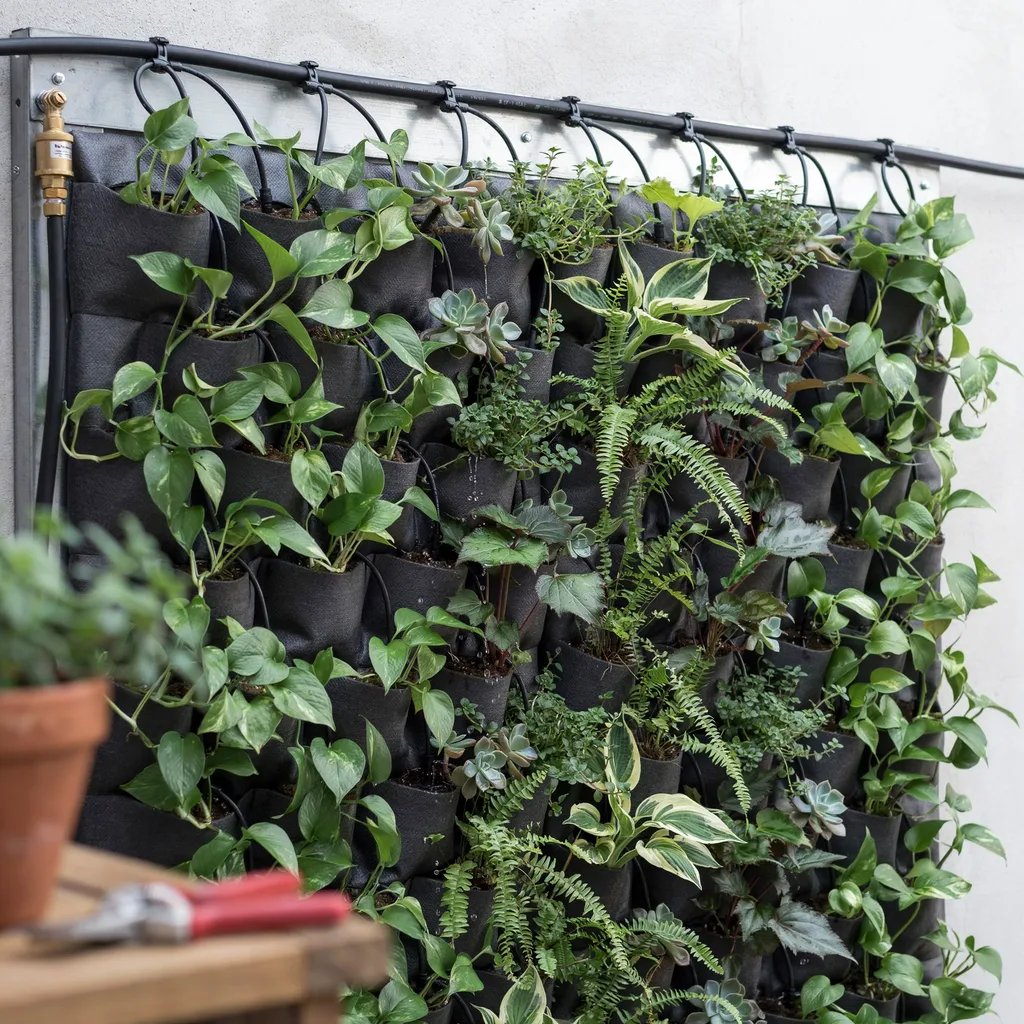 Drip irrigation tubing installed across a living wall vertical garden structure