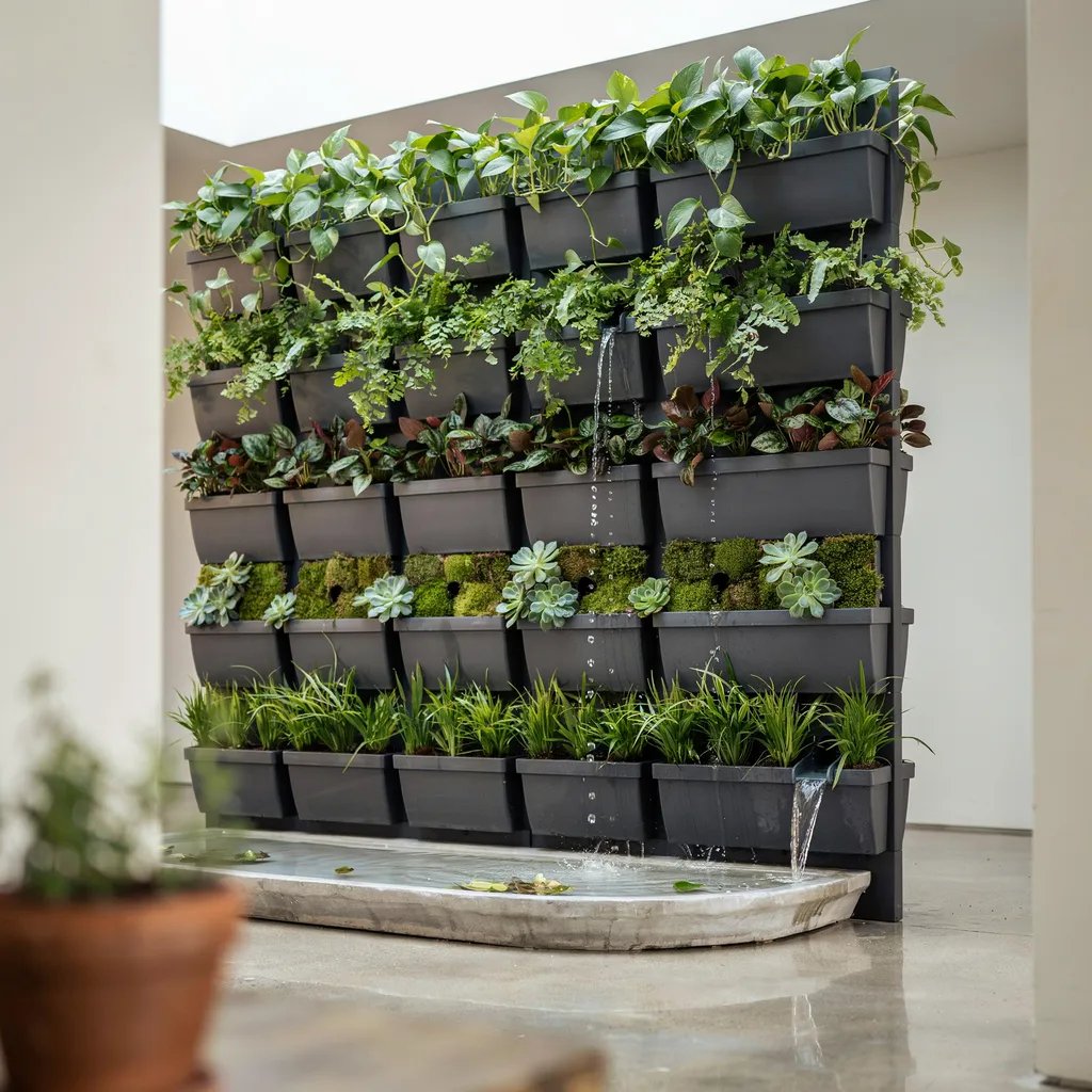 A living wall structure showing water trickling down through rows of plants