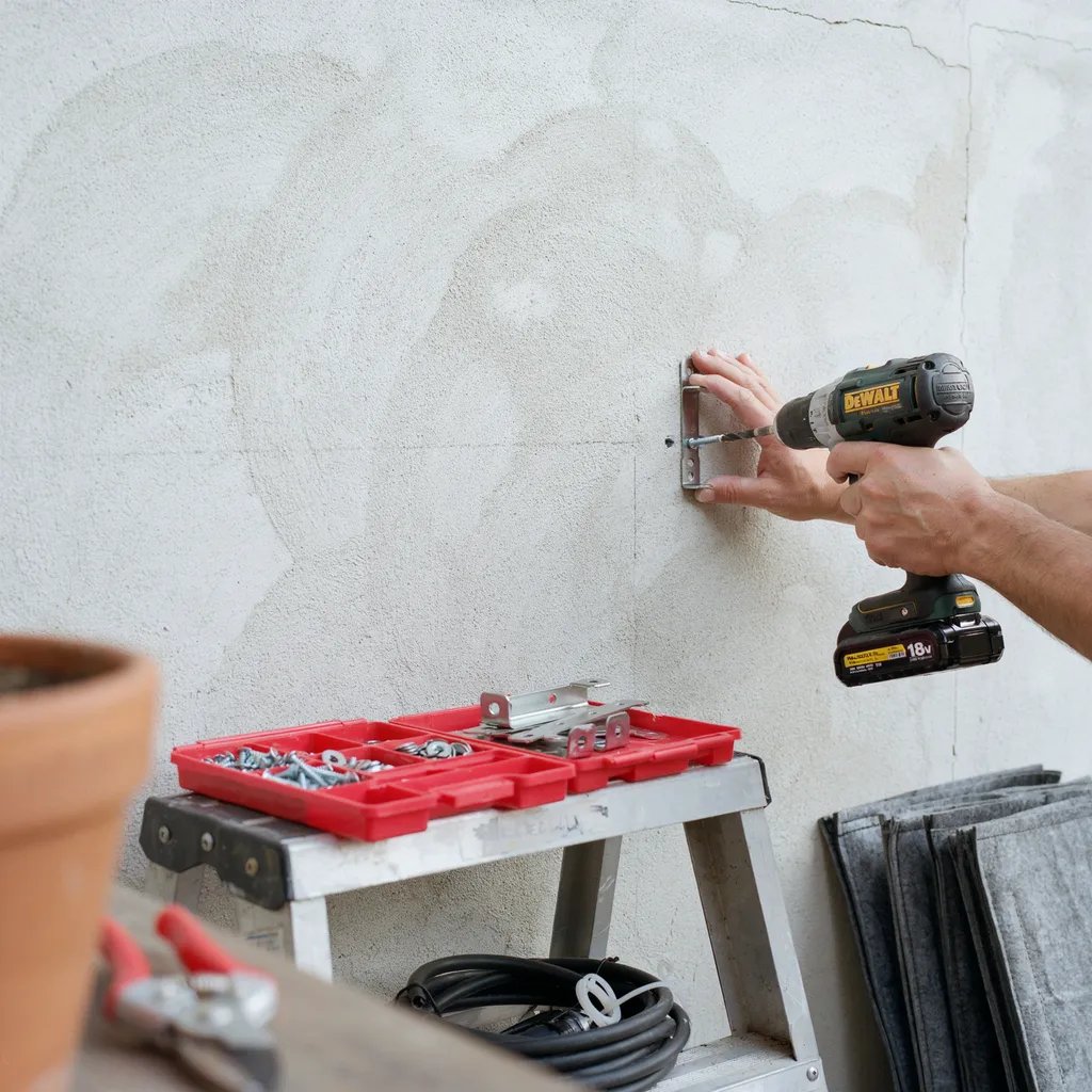 A gardener checking wall mounting brackets and hardware for a living wall installation