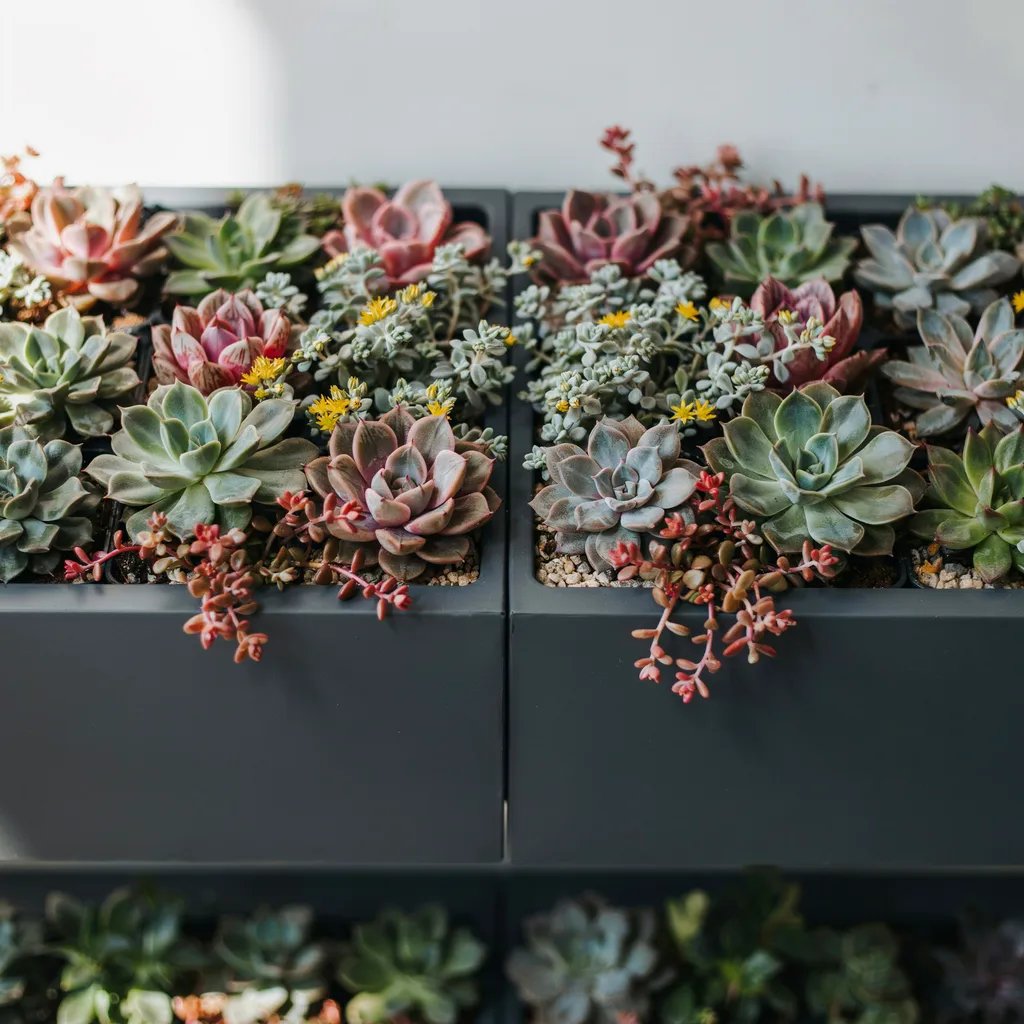 Drought-tolerant succulents and sedums planted in the top row of a living wall panel