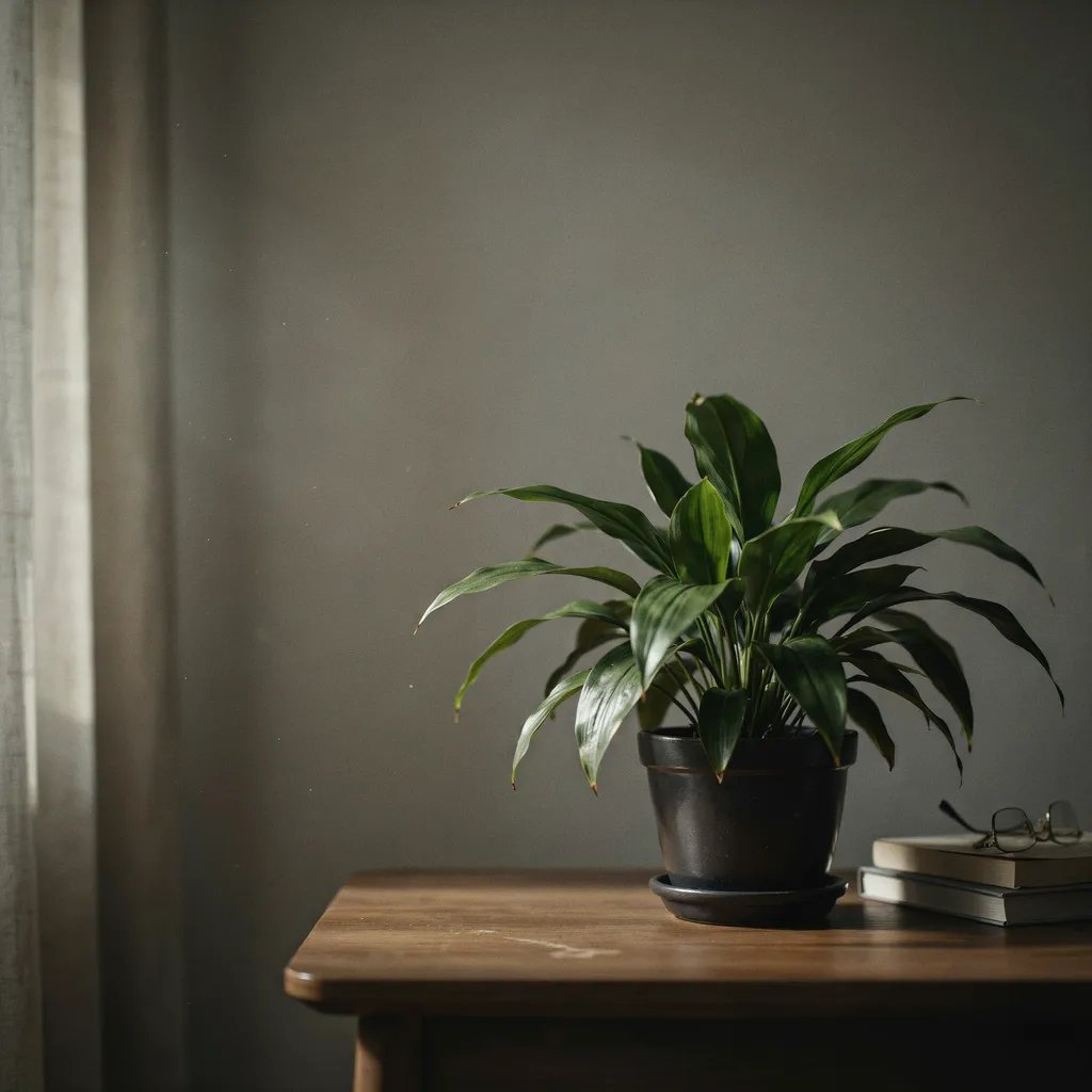 A cast iron plant with deep green leaves in a dim indoor setting