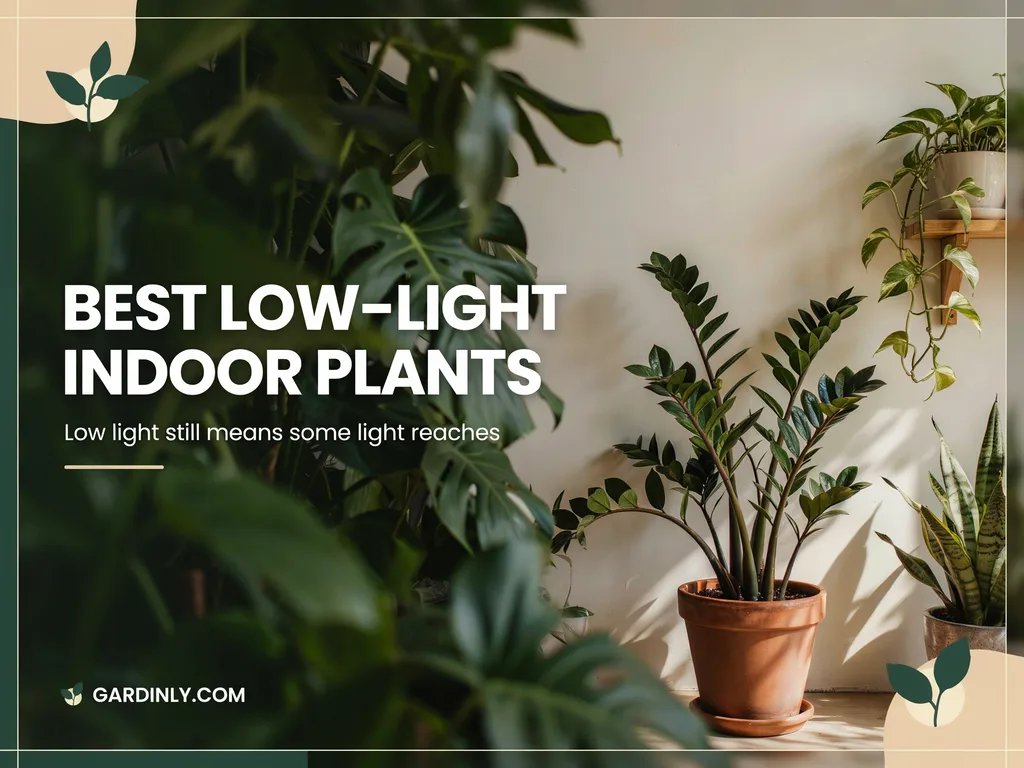 A collection of thriving low-light tolerant houseplants in a dimly lit indoor corner