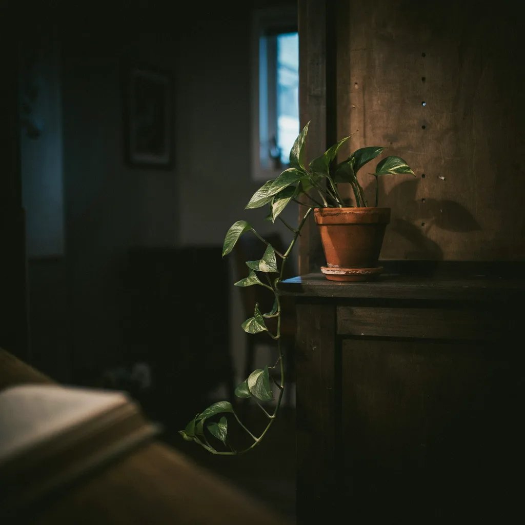 A trailing pothos plant with heart-shaped leaves in a dimly lit room