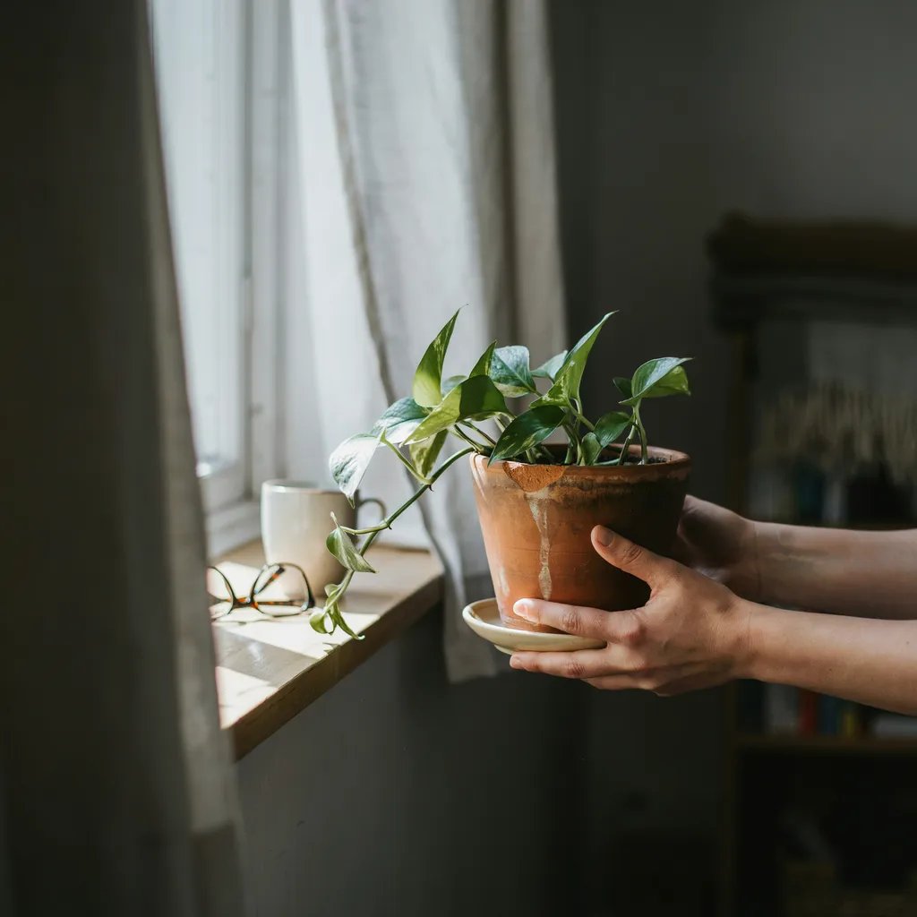 Hands moving a houseplant from a dim corner to a brighter windowsill