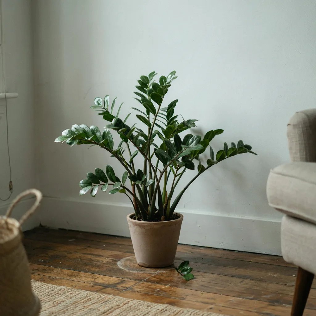 A healthy ZZ plant with glossy dark green leaves in a low-light indoor corner