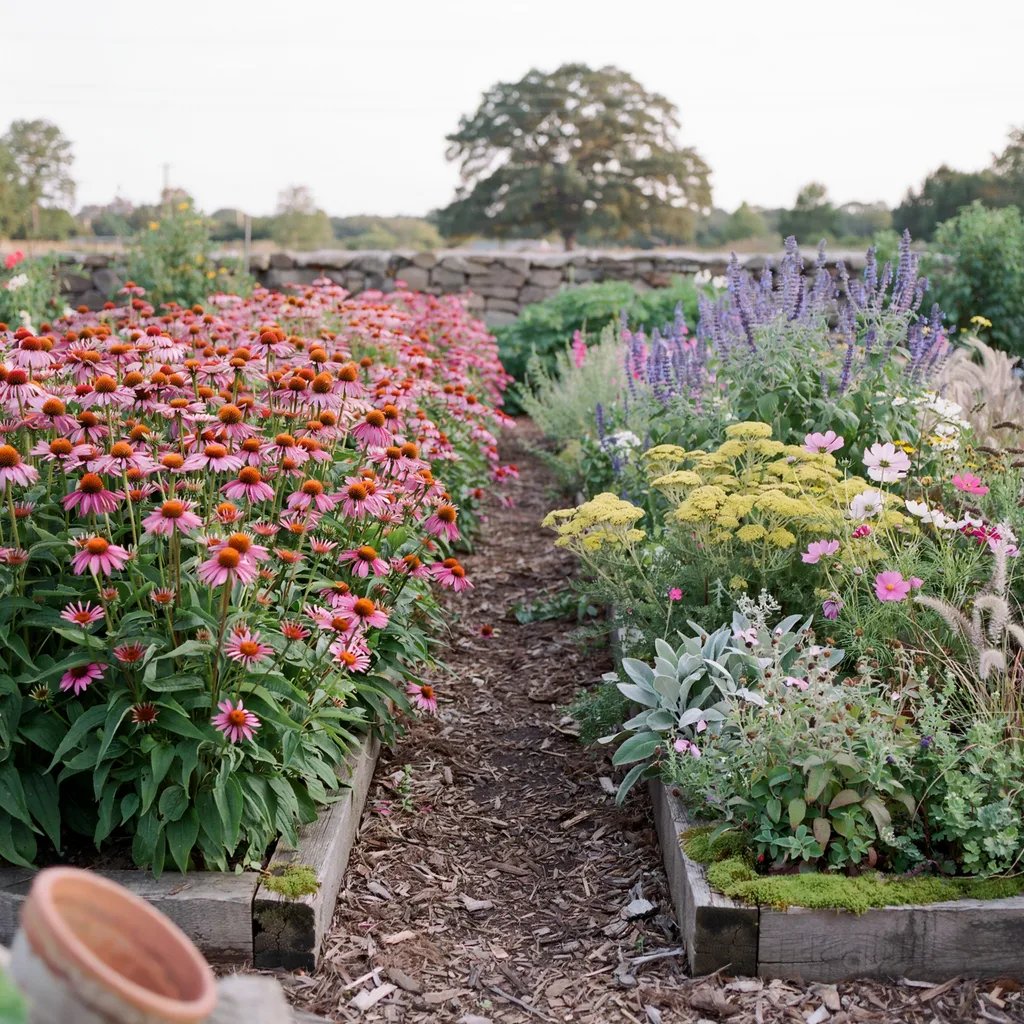A bold mass-planted area transitioning into a more diverse mixed perennial border