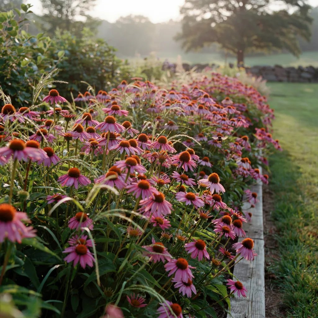 A dramatic mass planting of a single flowering perennial species in large sweeping drifts