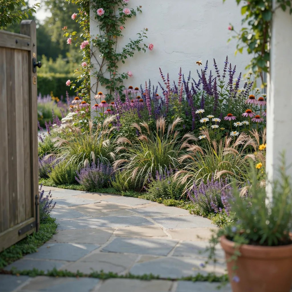 A striking mass planting positioned at a garden entry path as a focal point