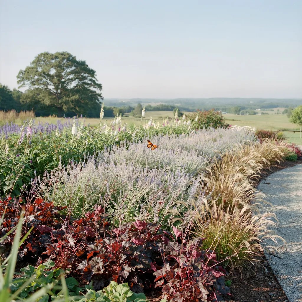 Wide-angle view of a large mass-planted garden bed scaled to a spacious landscape