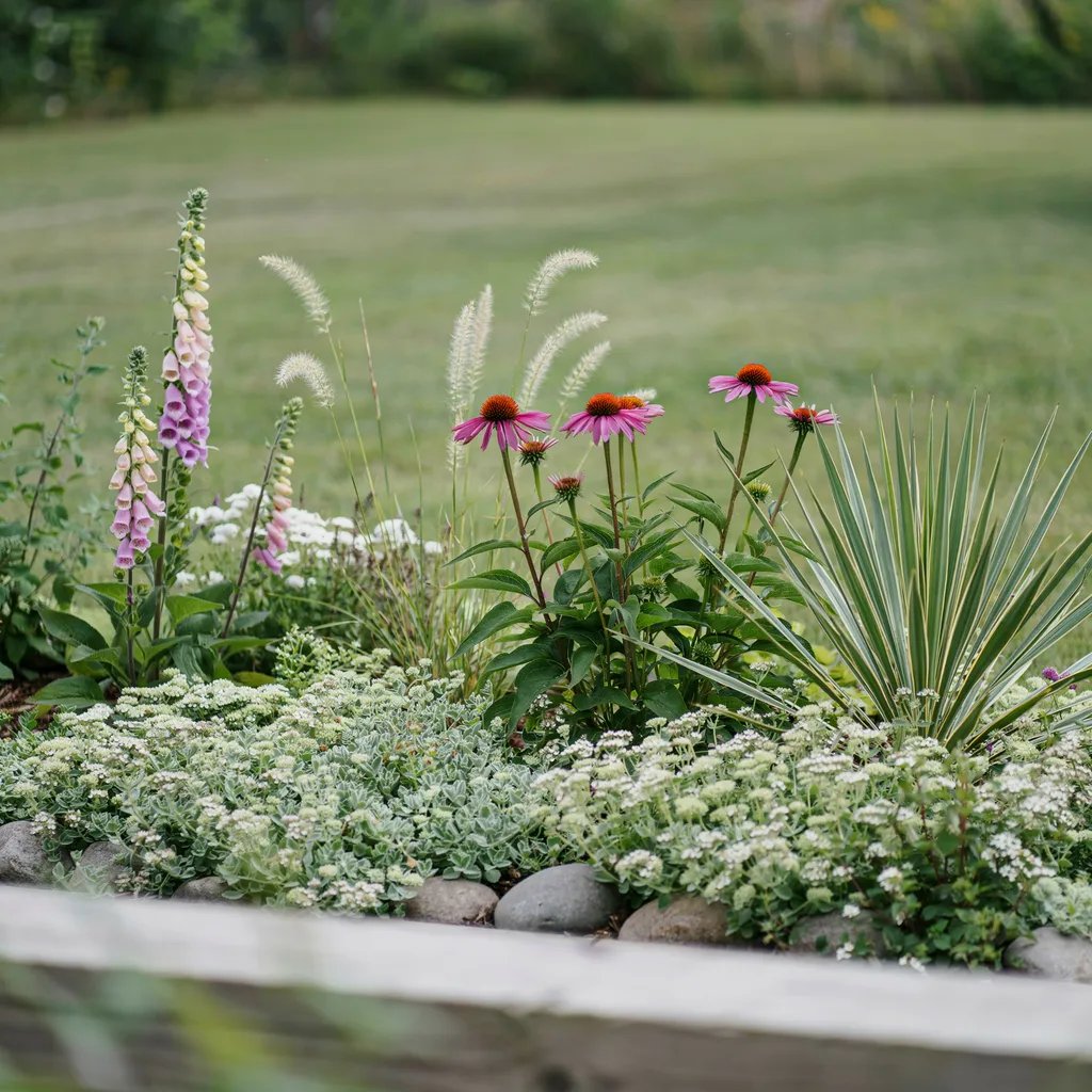 A unified ground-layer planting bed with feature plants scattered throughout