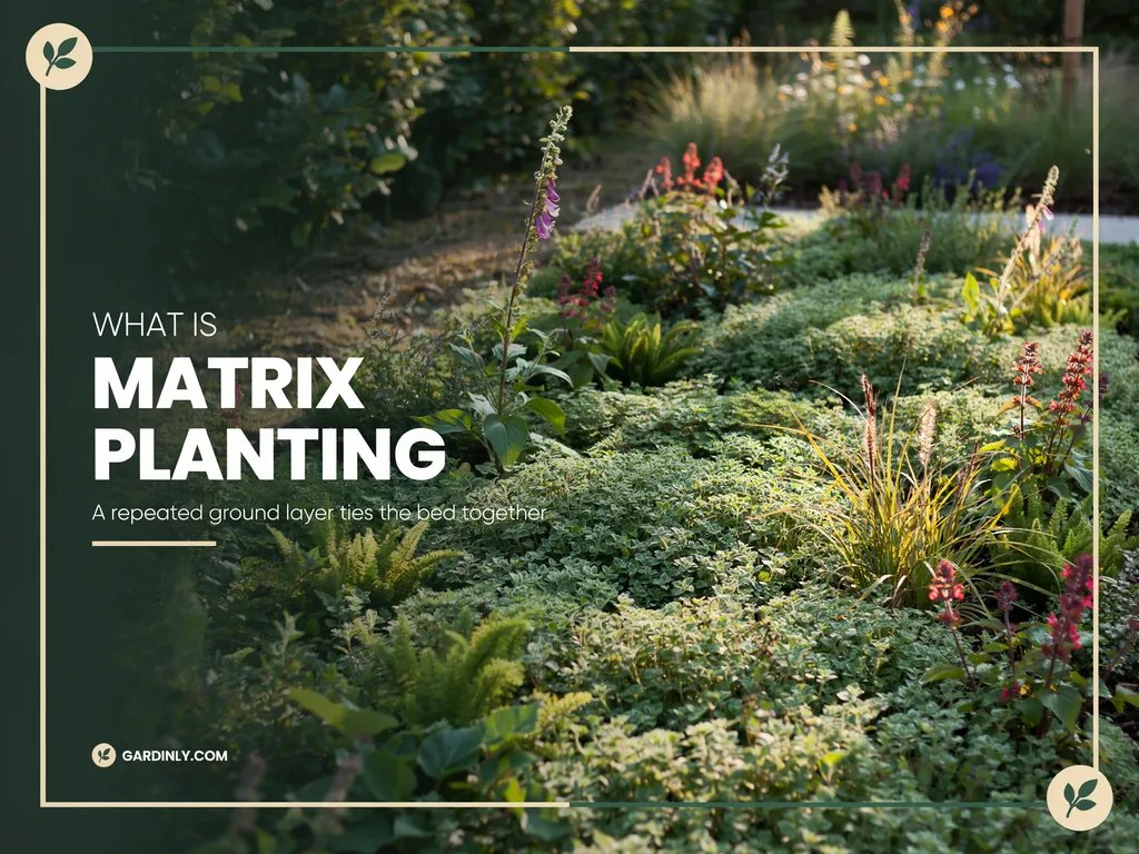 A matrix-planted garden bed showing a unified ground layer with scattered feature plants