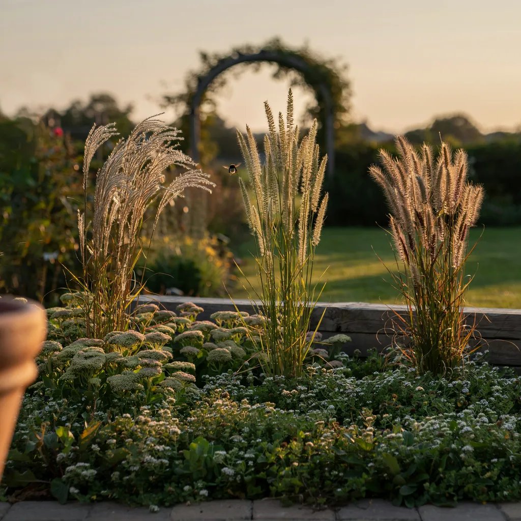 Tall ornamental grasses rising above a low matrix planting at intervals