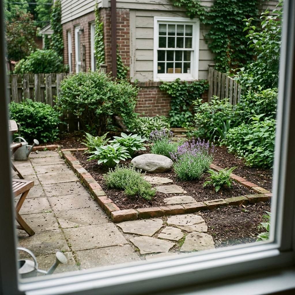 A defined memorial garden bed sited in a quiet corner near a backyard patio