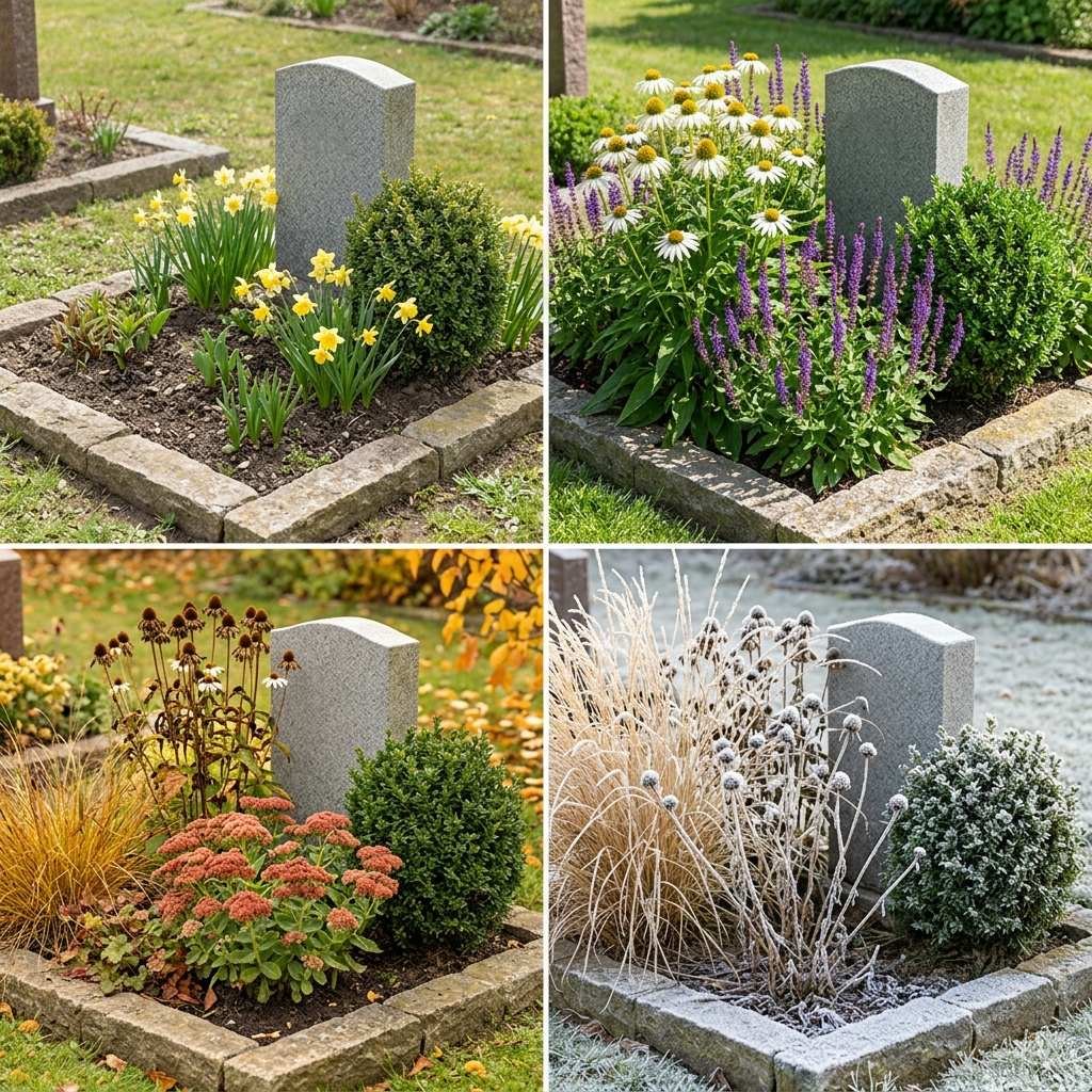 A memorial garden shown across seasons to illustrate year-round perennial presence