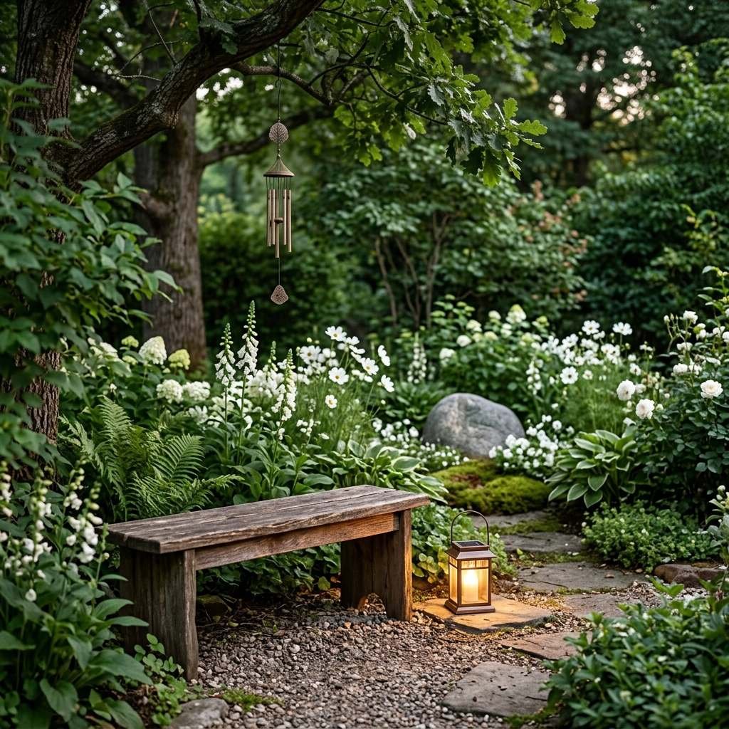 A small bench creating a quiet seating corner within a memorial garden