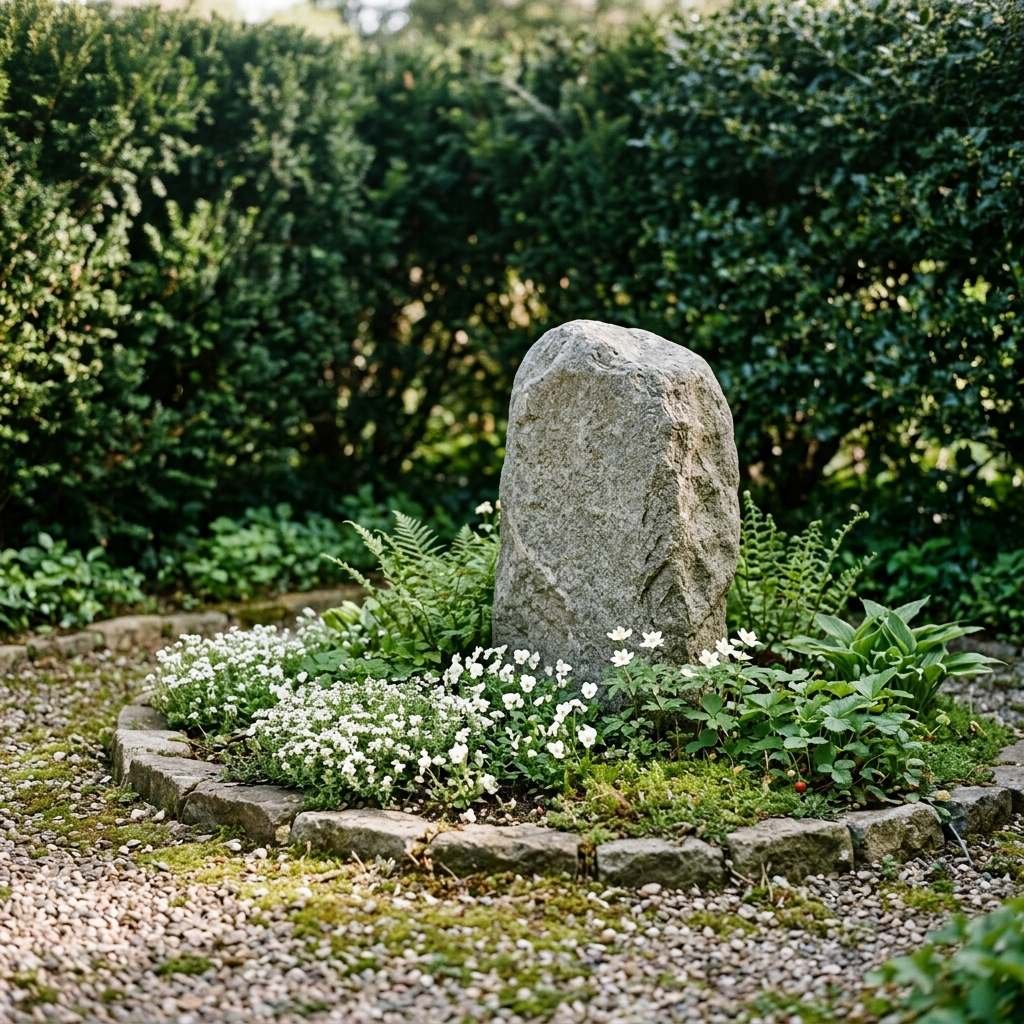 An engraved memorial stone set as the single focal point of a small garden