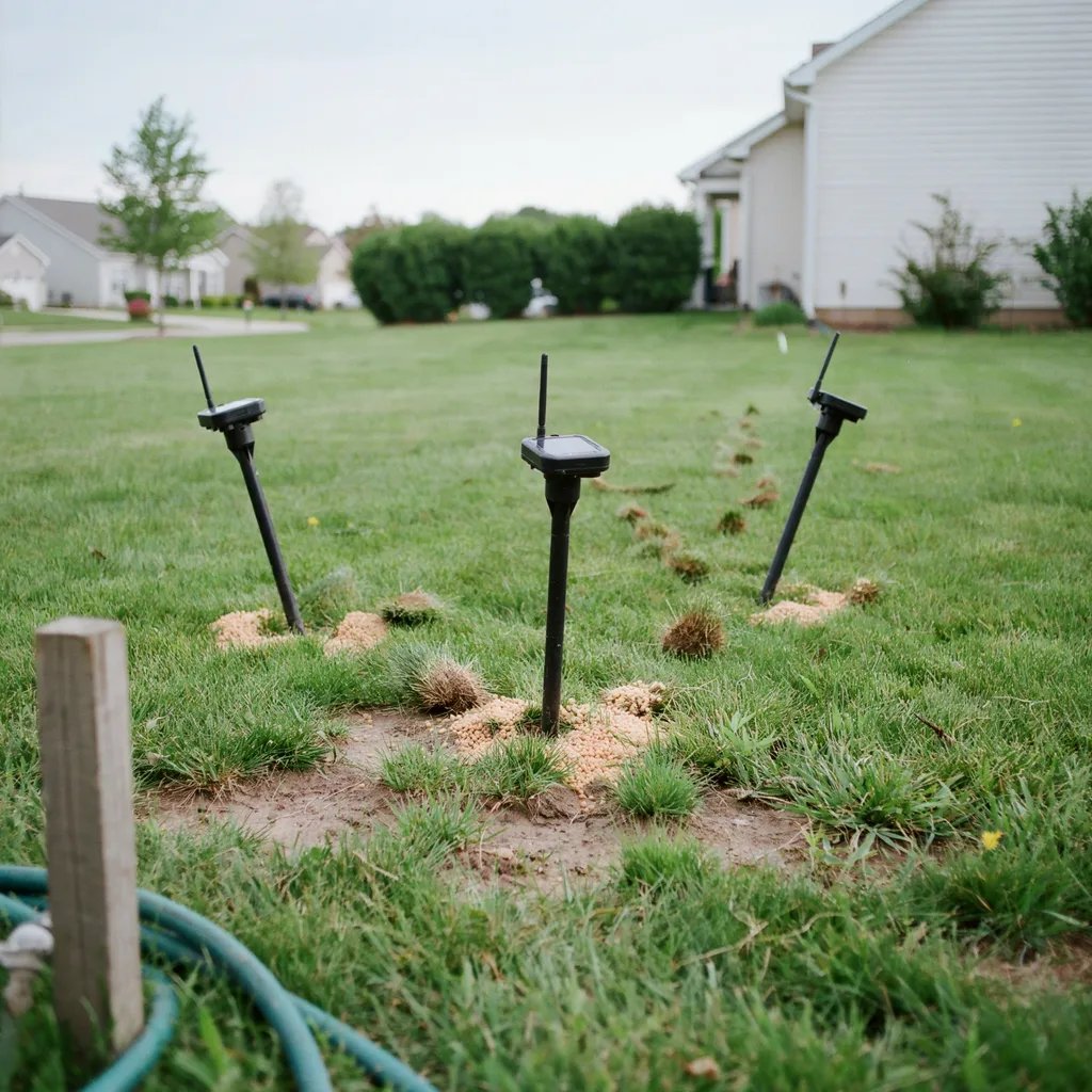 Ineffective vibrating deterrent stakes and granular repellent placed in a lawn