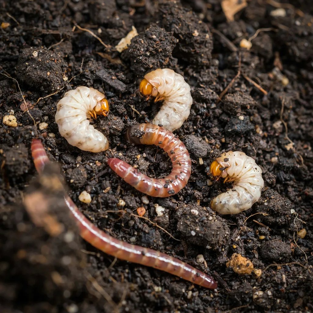 Close-up of white grubs and earthworms visible in dark garden soil