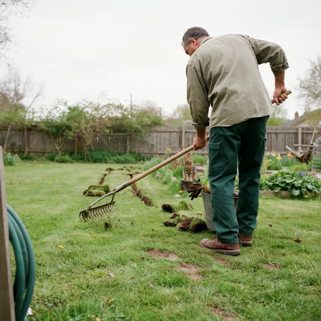 A gardener filling in raised mole tunnel ridges across a lawn with a rake