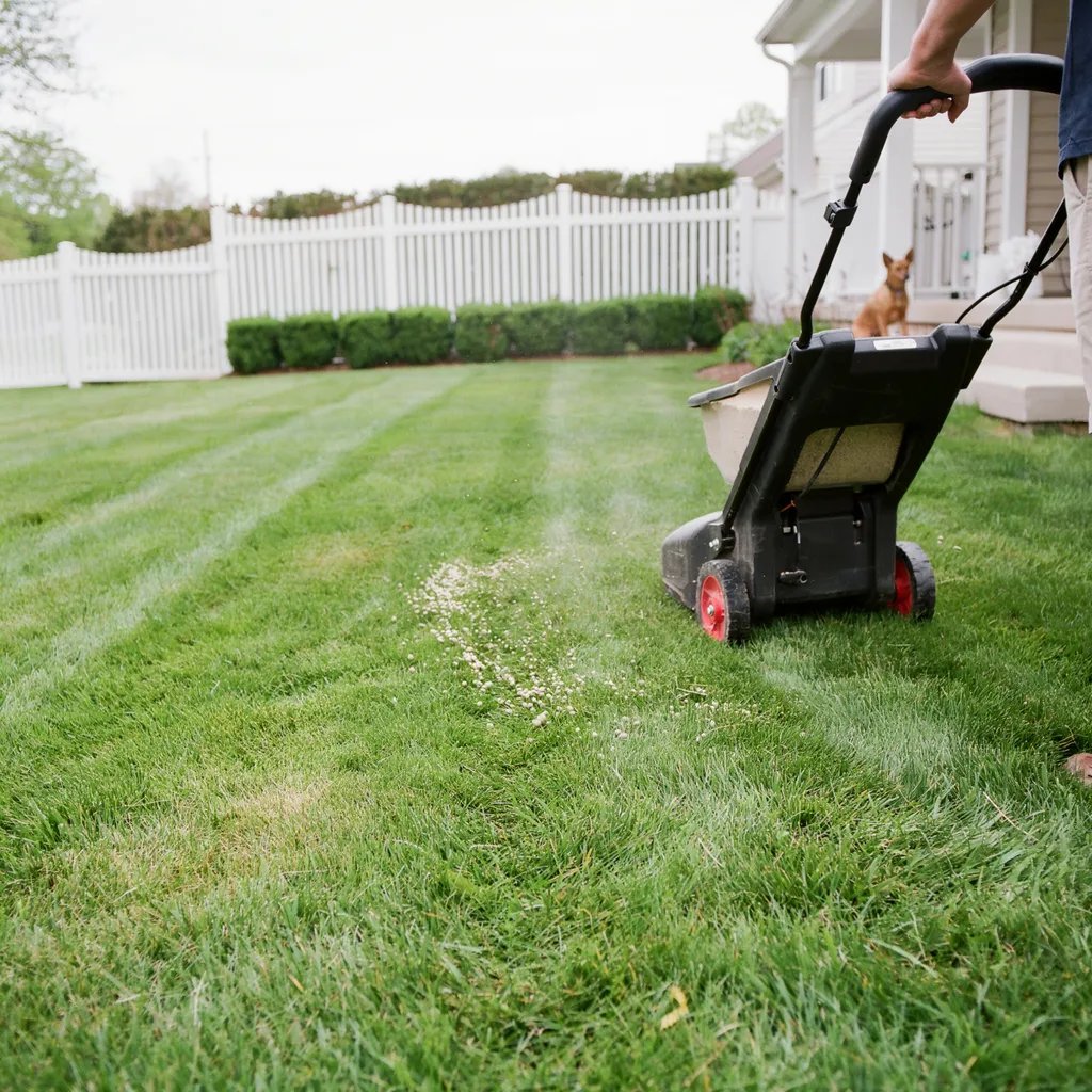 A lawn being treated for grub infestation with granular treatment