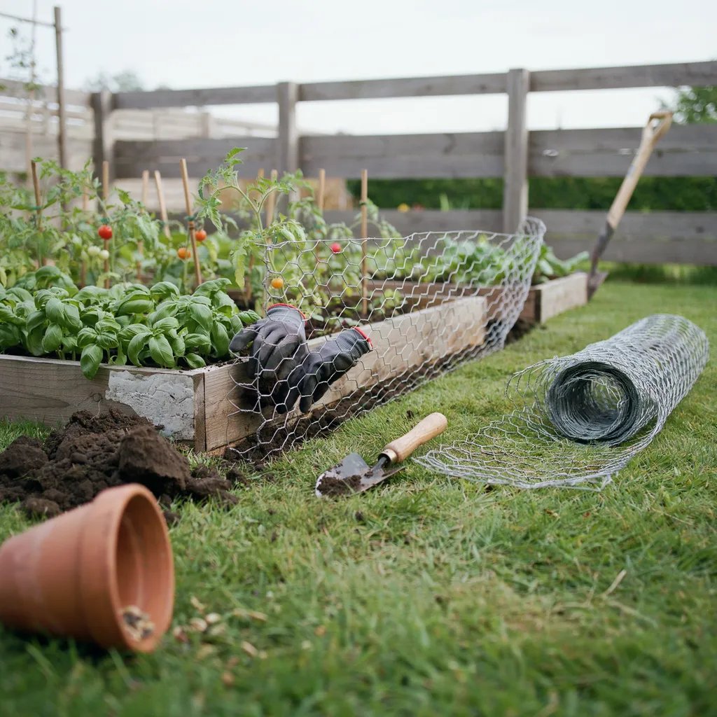Underground mesh barrier being installed and buried around the edge of a garden bed
