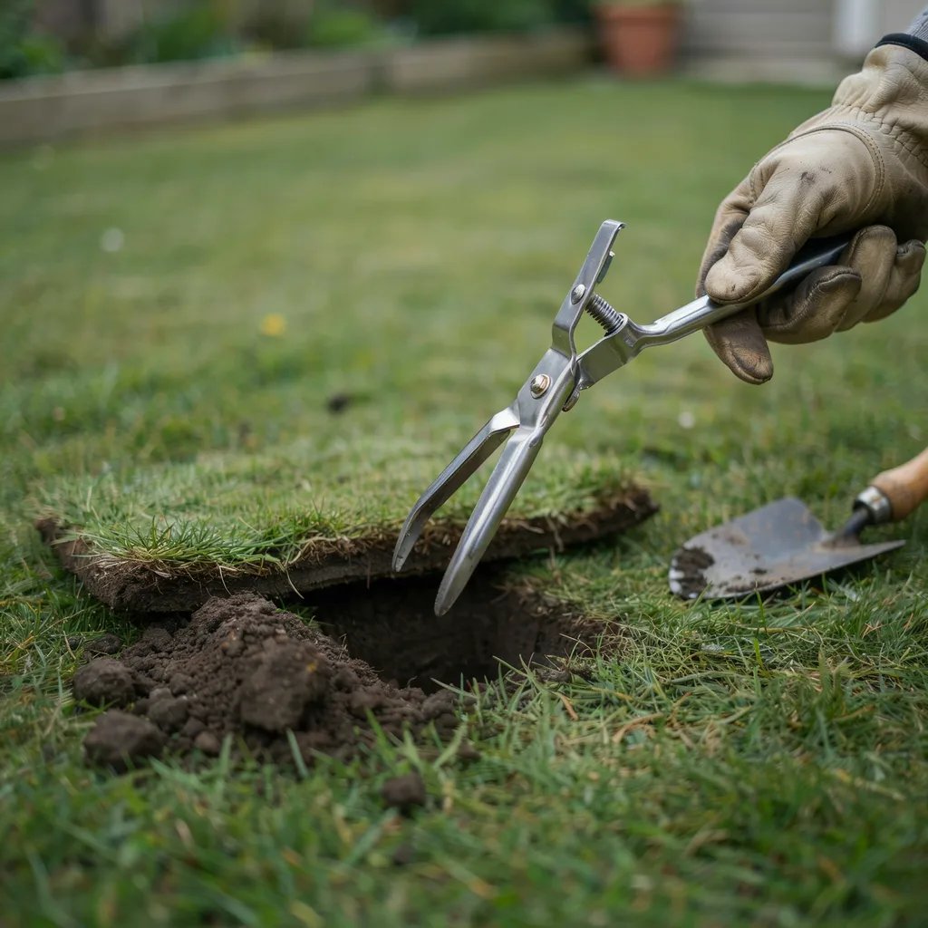 A mole trap being carefully set into a raised lawn tunnel
