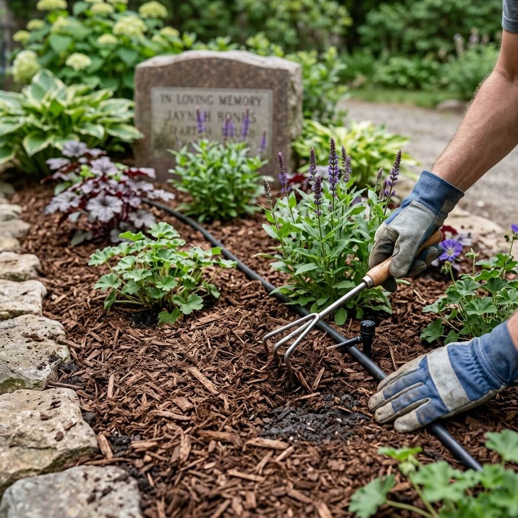 A gardener spreading mulch to keep a memorial garden bed low maintenance