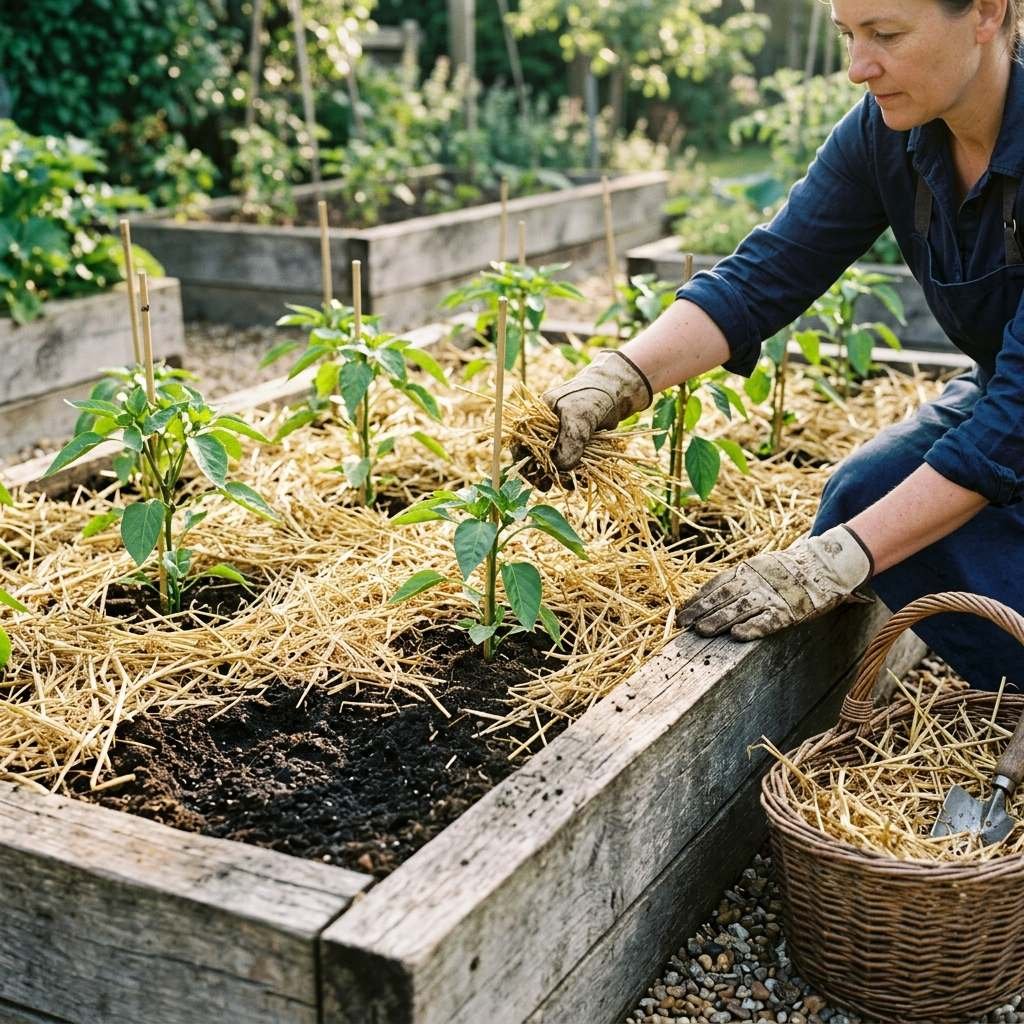 A gardener spreading straw mulch around young vegetable plants
