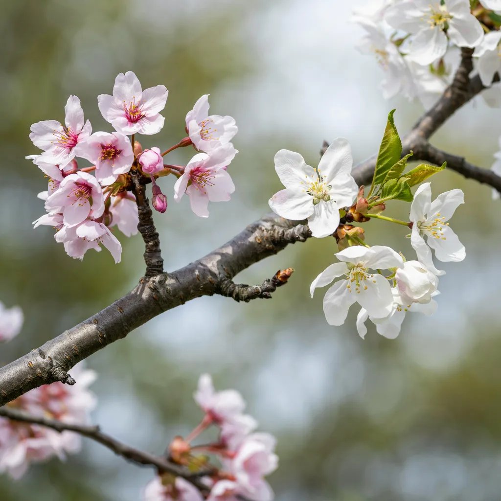 Blossoms of two distinctly different fruit tree varieties blooming together