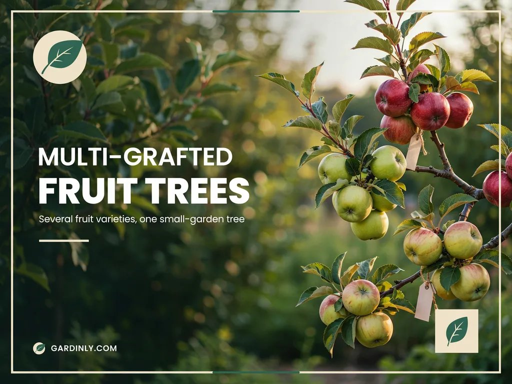 A multi-grafted fruit tree showing several different fruit varieties growing on one tree